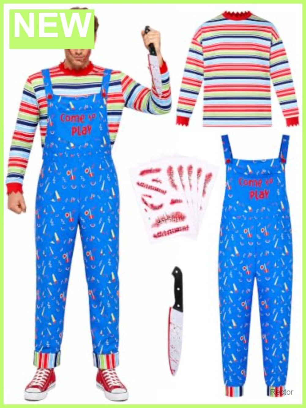 Scary Doll Overalls Set Men's Halloween Costume